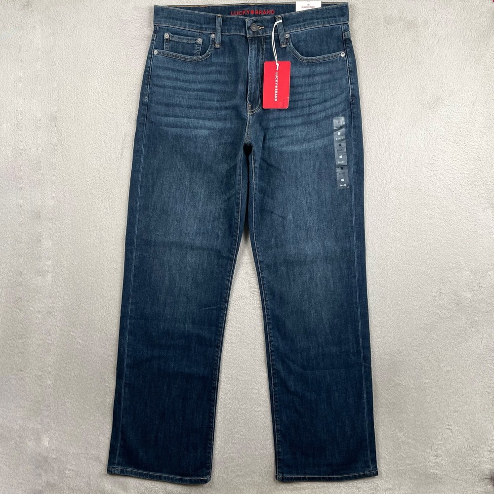 New Lucky Brand 181 Relaxed Straight Jeans Mens 34x32 Dark Wash Whisker Stretch